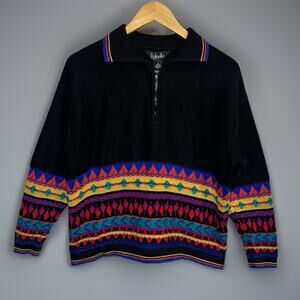 Vtg 80s Geometric Sweater Rafaella Knit Aztec Collar Bold Color Black Sz M